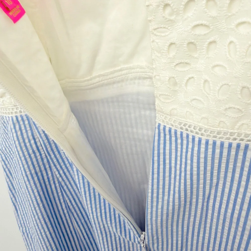 Lilly Pulitzer Seersucker Eyelet Ruffle Sheath Dress Womens 10 Blue White